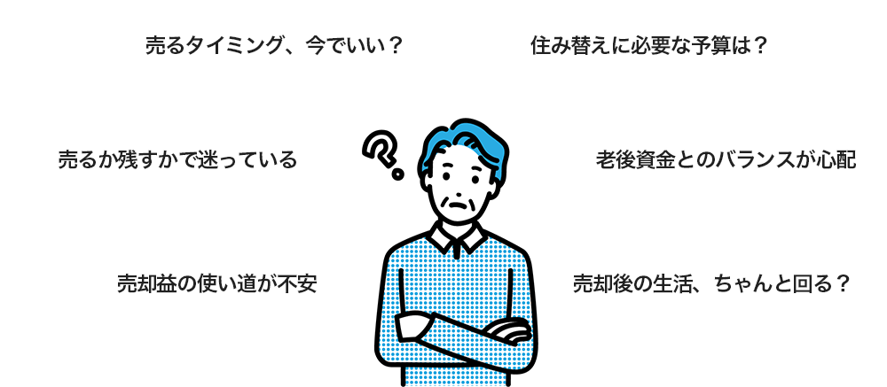 •今、売るのが本当にベスト？•売却後のお金、どう使う？•住み替えに必要な予算は？•老後の生活設計が不安•税金や確定申告がよく分からない•売るか、残すかで迷っている